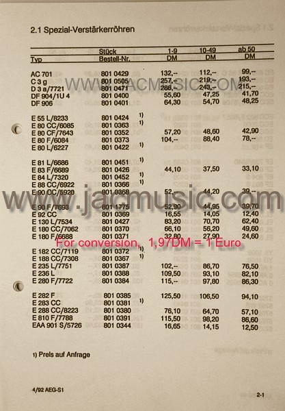 AEG-Telefunken Tubes Price List April 1992